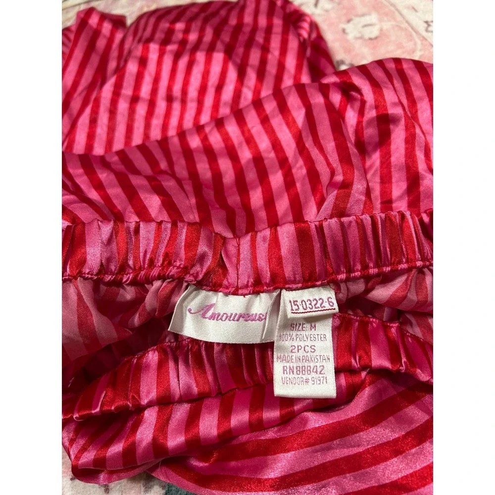 Vintage Pajama Pants‎ Romantic Pink Red Striped Satin Lounge Sleepwear Size M